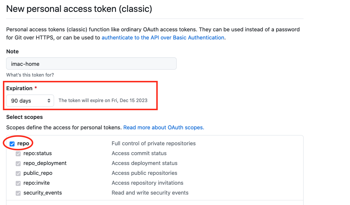 New personal access token (classic)